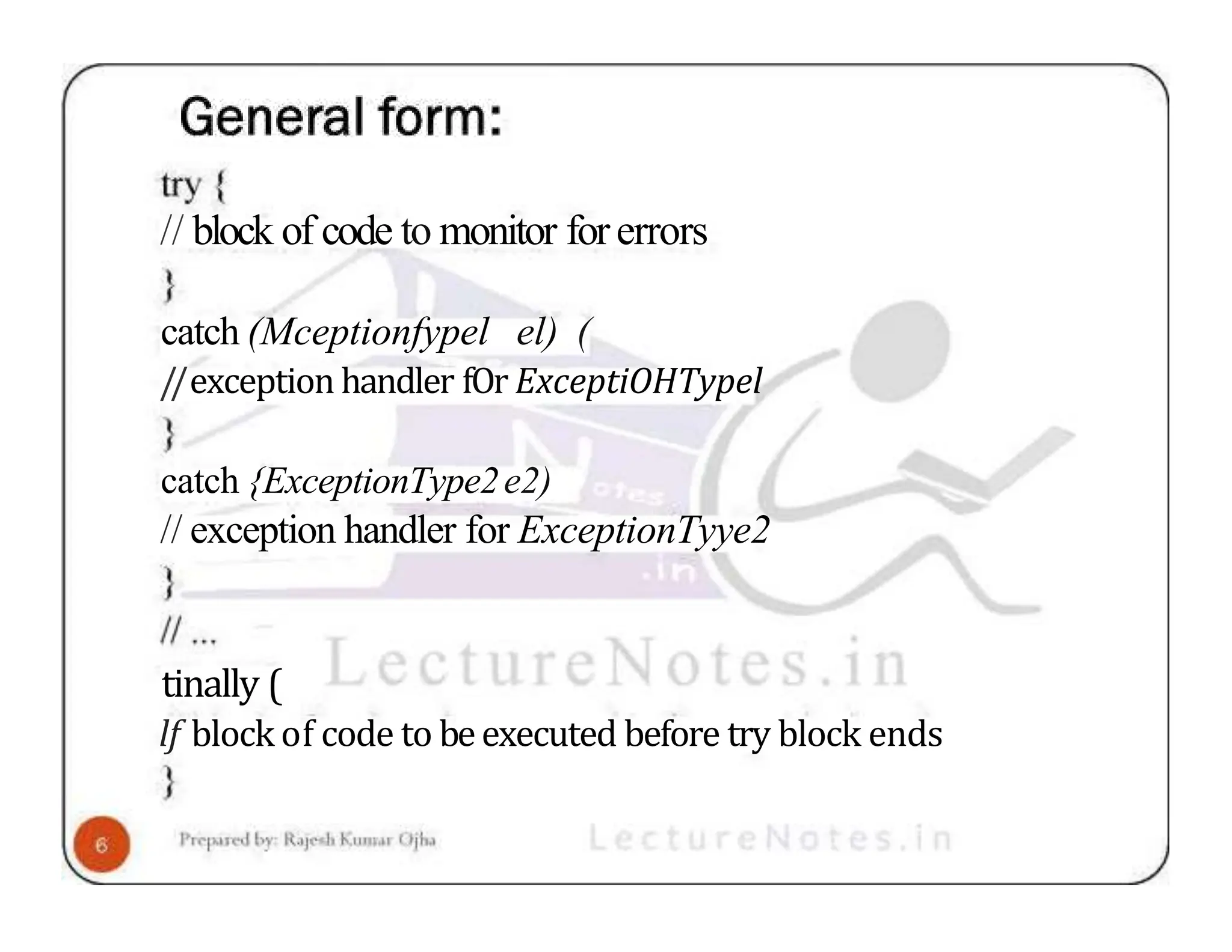 // block of code to monitor forerrors catch (Mceptionfypel el) ( //exception handler fOr ExceptiOHTypel catch {ExceptionType2e2) // exception handler for ExceptionTyye2 tinally ( lf block of code to beexecuted before try block ends 