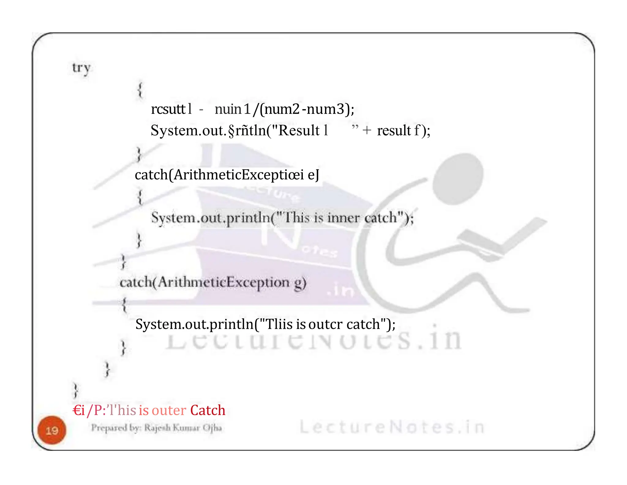 rcsuttl - nuin1/(num2-num3); System.out.§rñtln("Result l ” + result f); catch(ArithmeticExceptiœi eJ System.out.println("Tliis isoutcr catch"); €i/P:’l'hisis outer Catch 