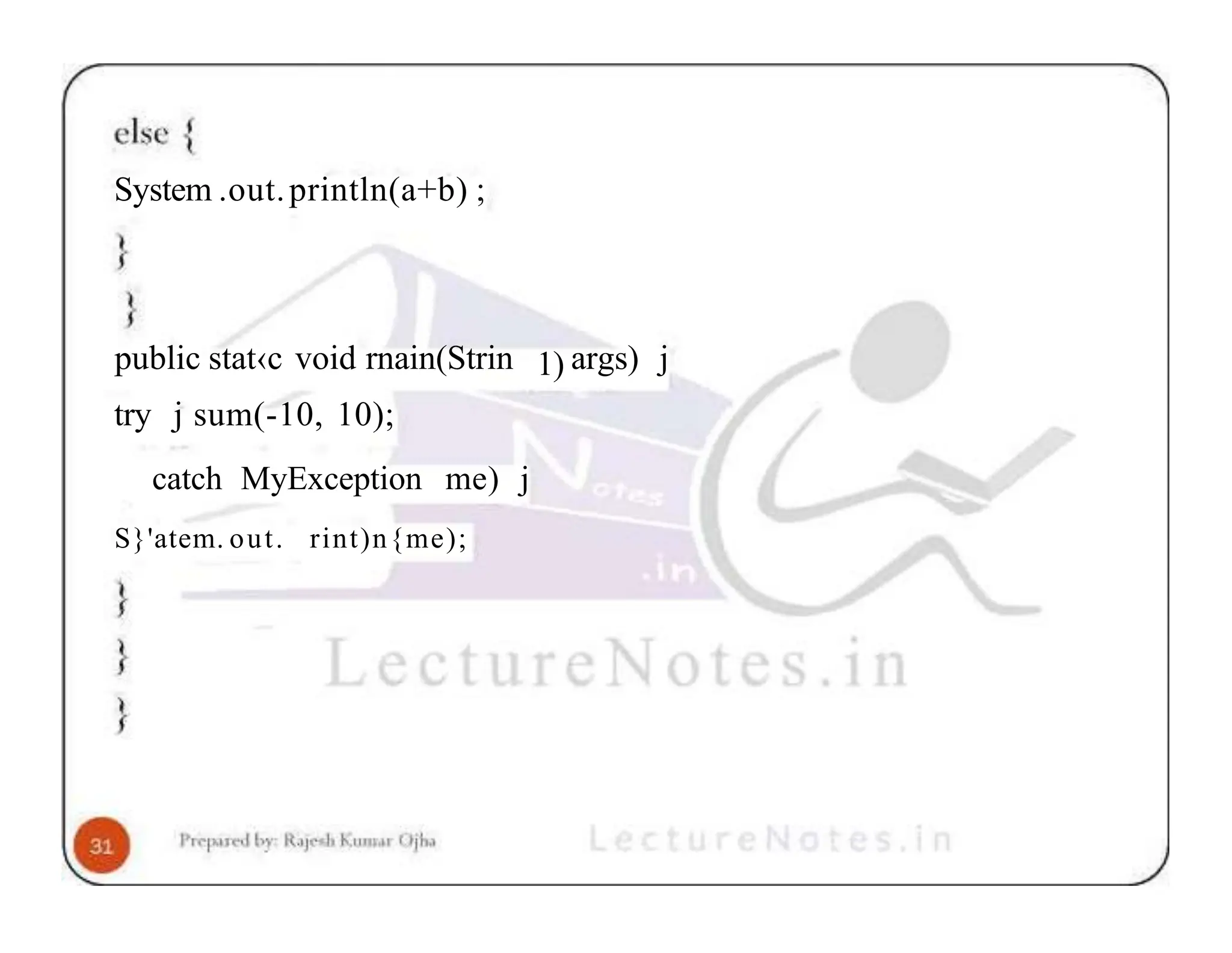 System .out.println(a+b) ; public stat‹c void rnain(Strin 1) args) j try j sum(-10, 10); catch MyException me) j S}'atem. out. rint)n{me); 