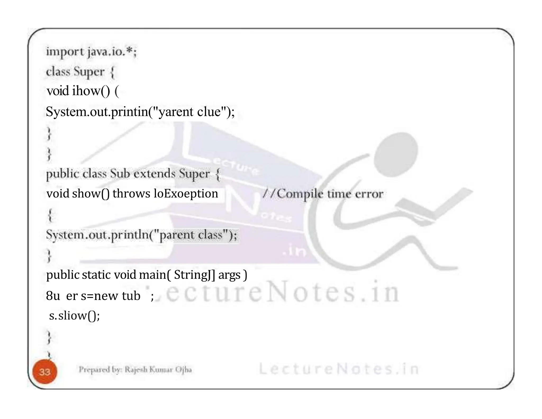 void ihow() ( System.out.printin("yarent clue"); void show() throws loExoeption public static void main( StringJ] args ) 8u er s=new tub ; s.sliow(); 