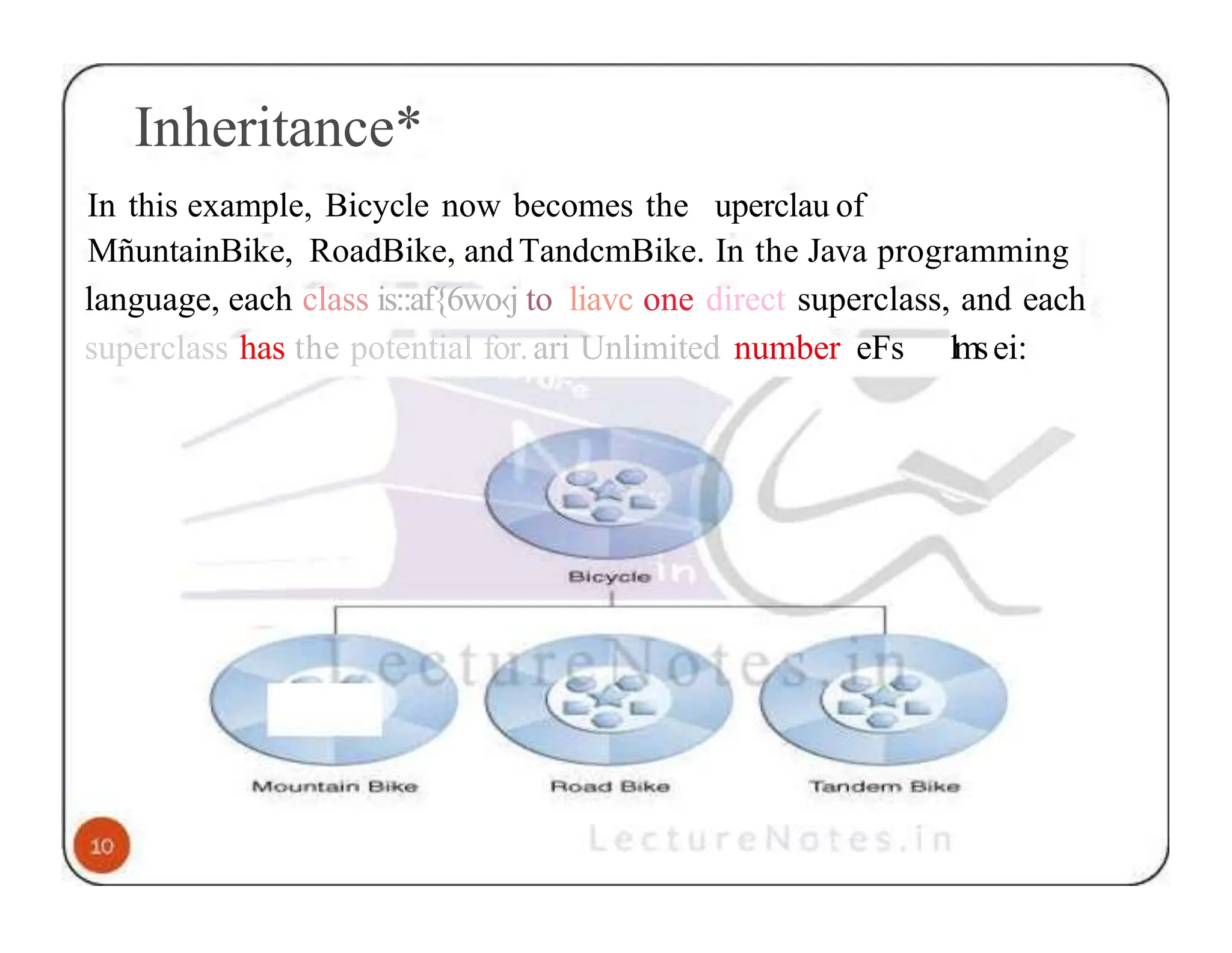 Inheritance* In this example, Bicycle now becomes the uperclau of MñuntainBike, RoadBike, andTandcmBike. In the Java programming language, each class is::af{6wo‹j to liavc one direct superclass, and each superclass has the potential for.ari Unlimited number eFs lmsei: 