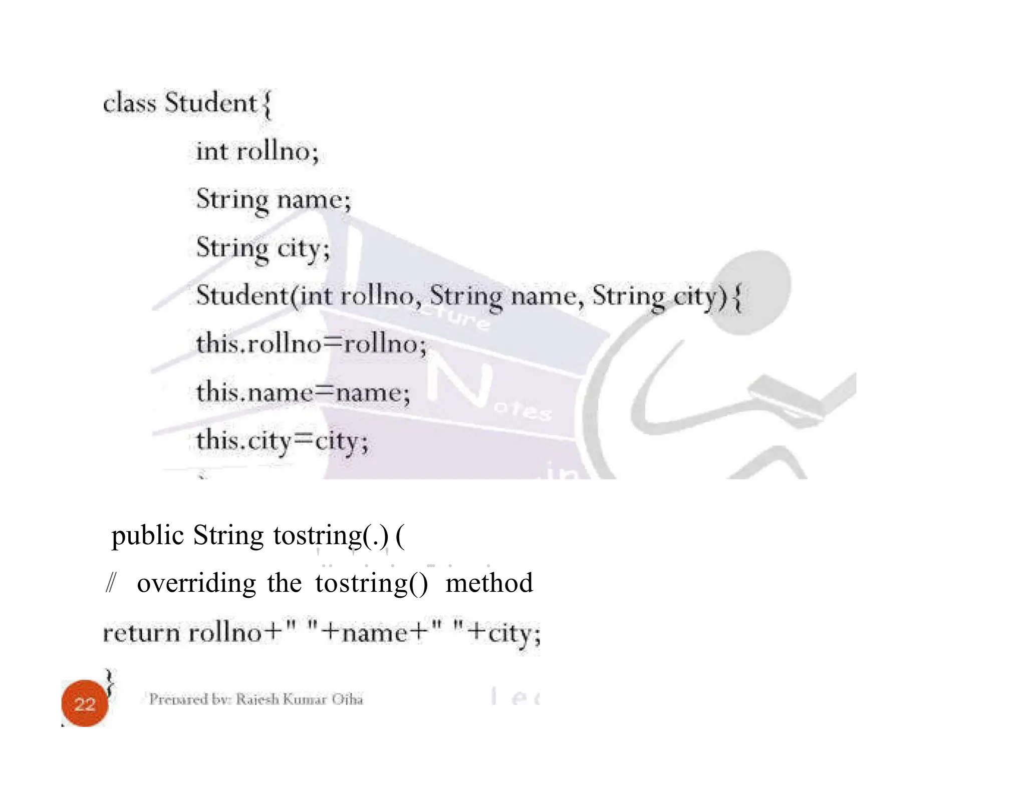 public String tostring(.) ( '.. ' . '. ... . . // overriding the tostring() method 
