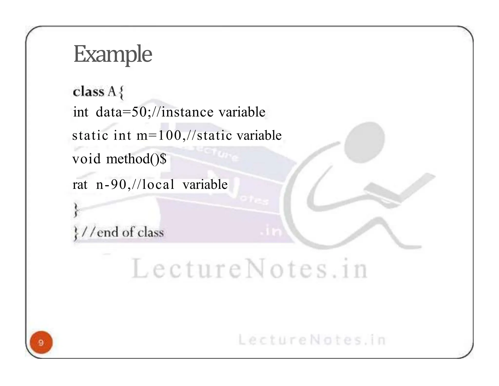 Example int data=50;//instance variable static int m=100,//static variable void method()$ rat n-90,//local variable 