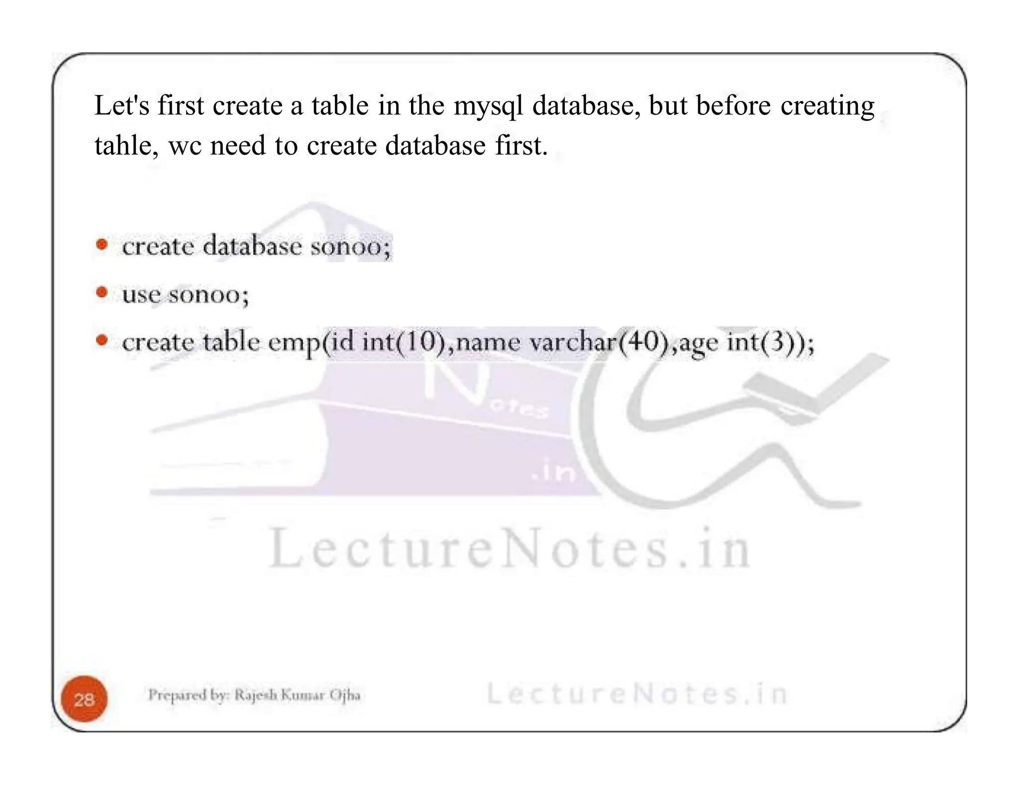 Let's first create a table in the mysql database, but before creating tahle, wc need to create database first. 