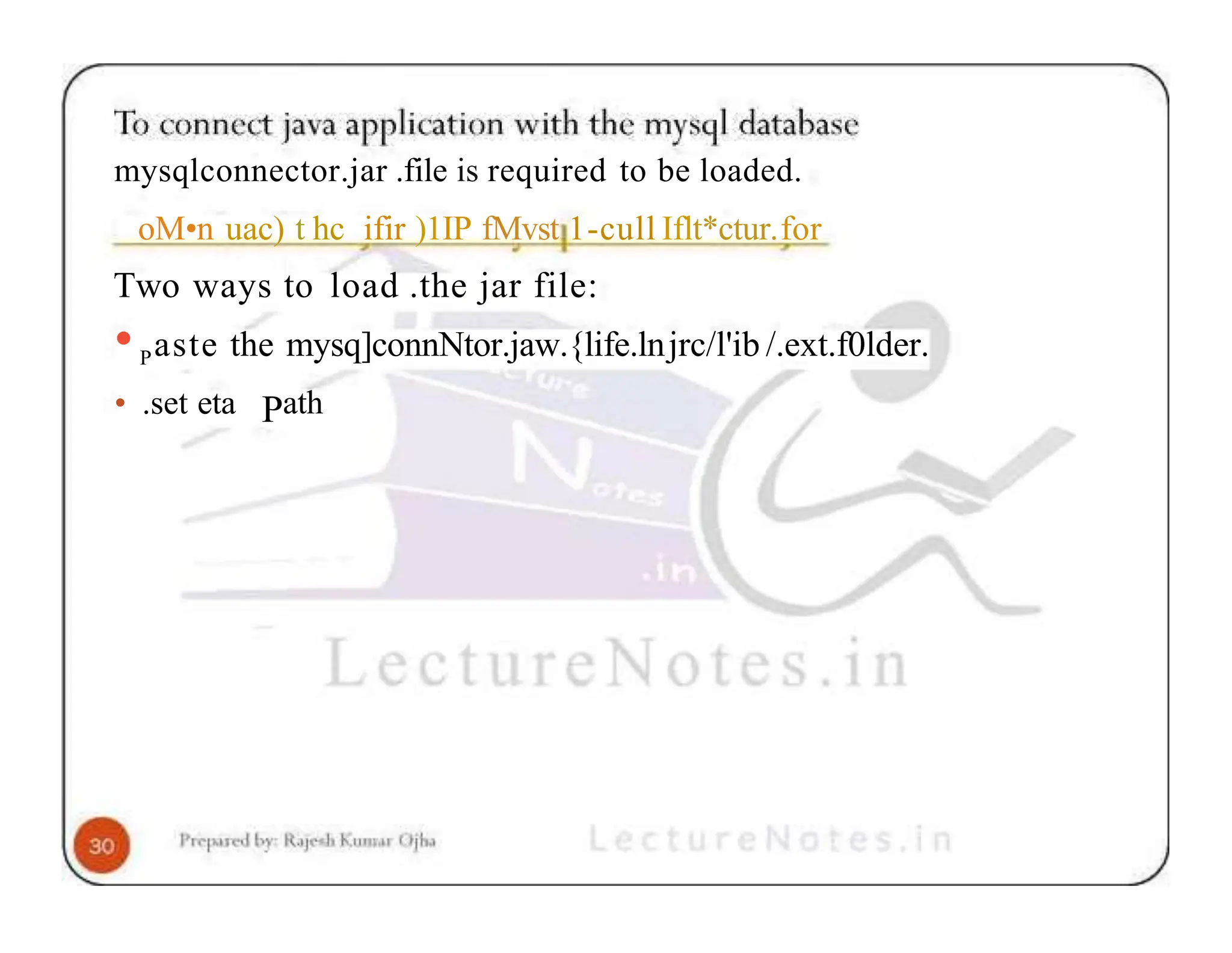 mysqlconnector.jar .file is required to be loaded. oM•n uac) t hc ifir )1IP fMvst 1-cull Iflt*ctur.for Two ways to load .the jar file: •Paste the mysq]connNtor.jaw.{life.lnjrc/l'ib /.ext.f0lder. • .set eta Path 