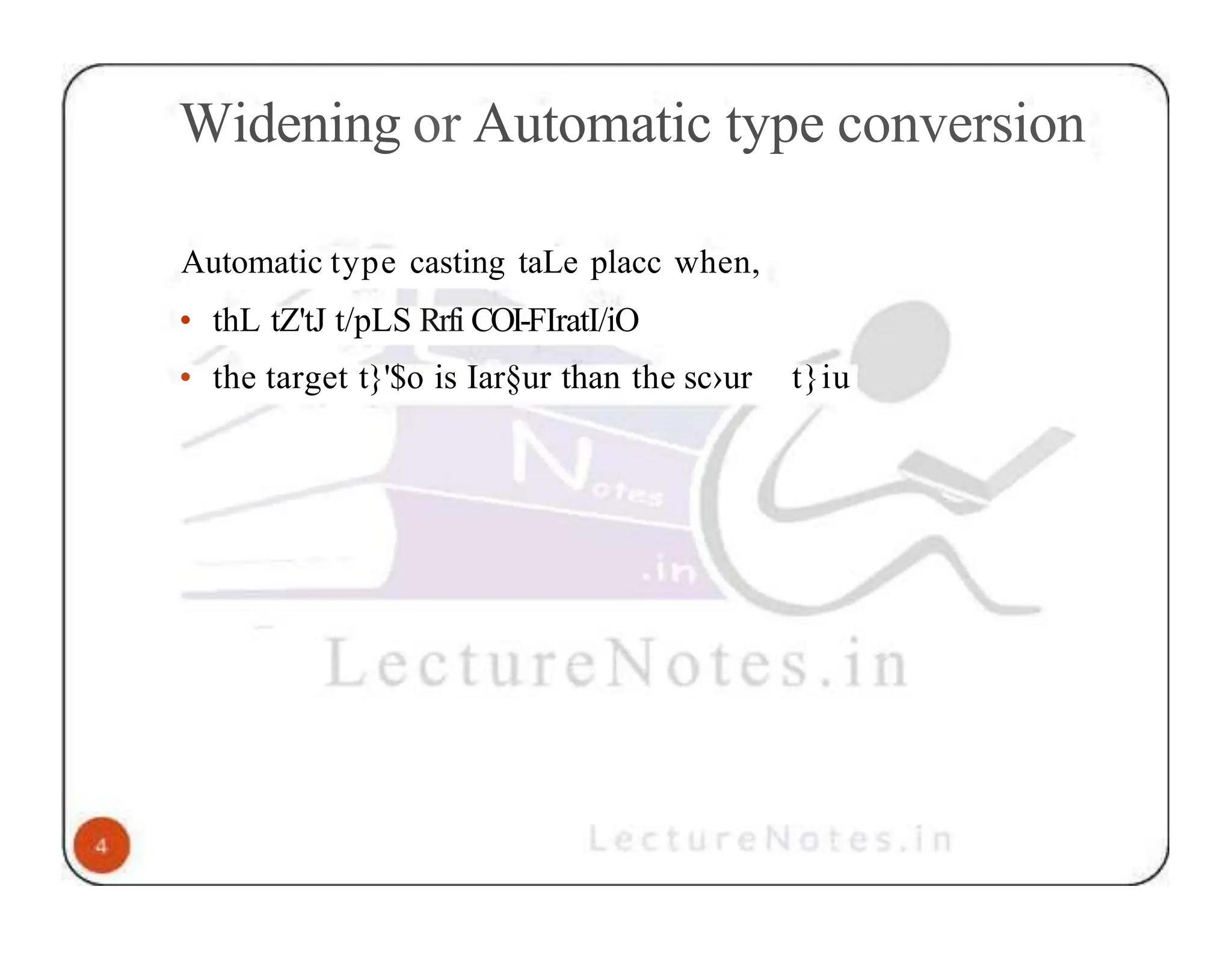 Widening or Automatic type conversion Automatic type casting taLe placc when, • thL tZ'tJ t/pLS Rrfi COI-FIratI/iO • the target t}'$o is Iar§ur than the sc›ur t}iu 