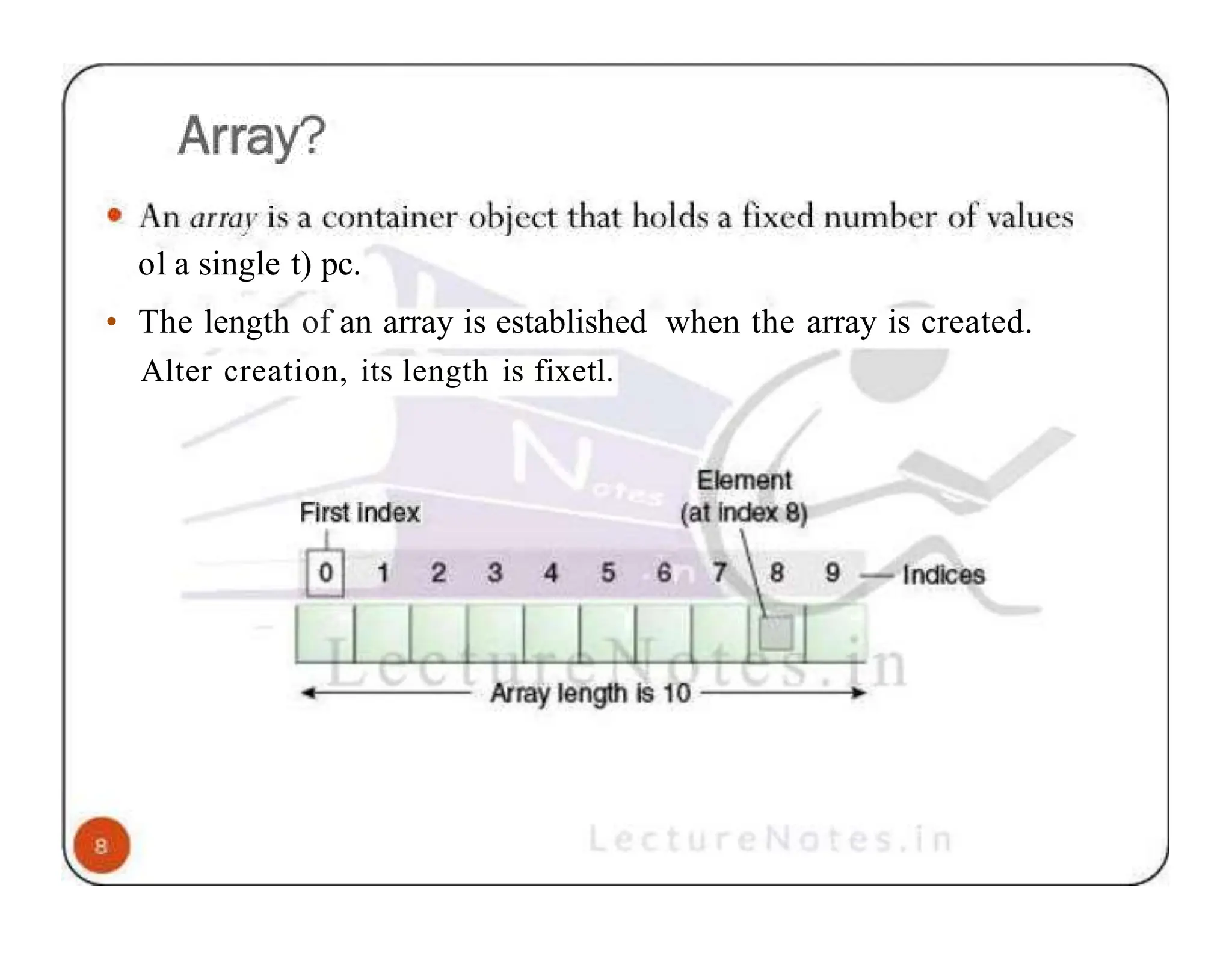 o1a single t) pc. • The length of an array is established when the array is created. Alter creation, its length is fixetl. 