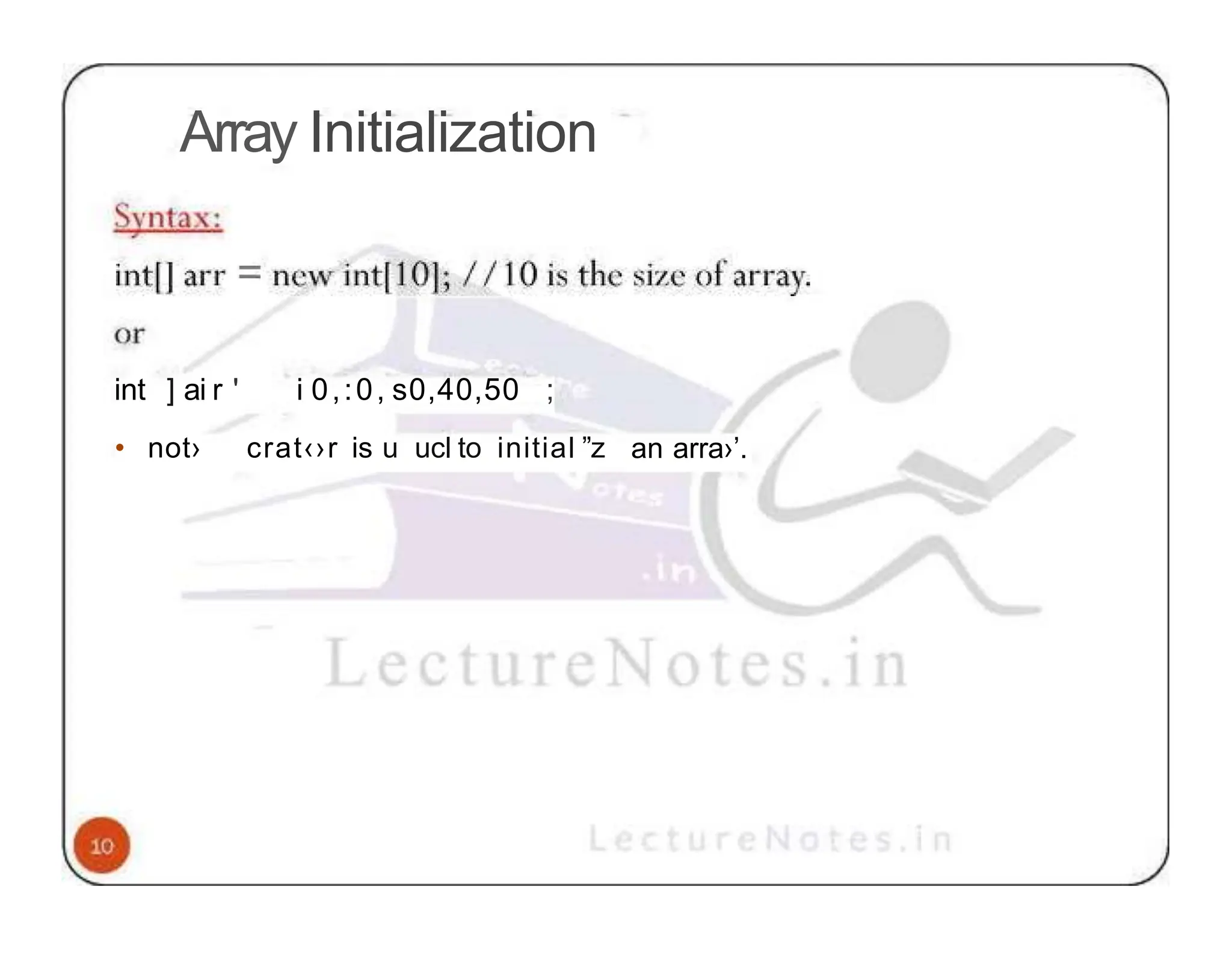 Array Initialization int ] ai r ' • not› i 0,:0, s0,40,50 ; crat‹›r is u ucl to initial ”z an arra›’. 