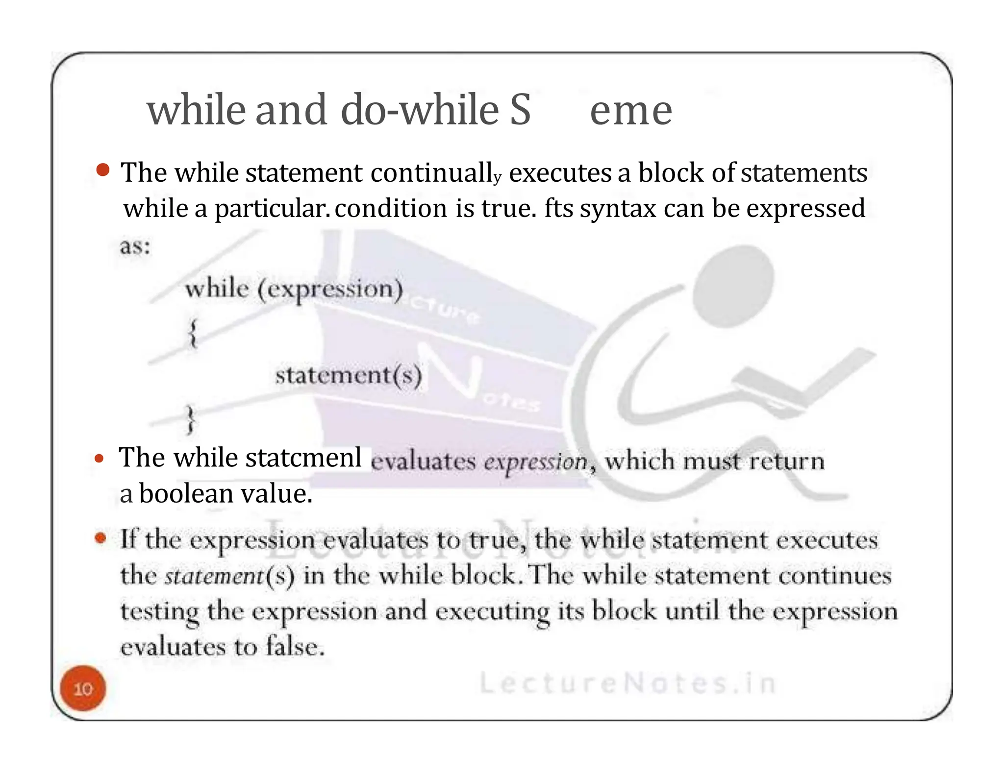 while and do-while S eme • The while statement continually executes a block of statements while a particular.condition is true. fts syntax can be expressed • The while statcmenl a boolean value. 