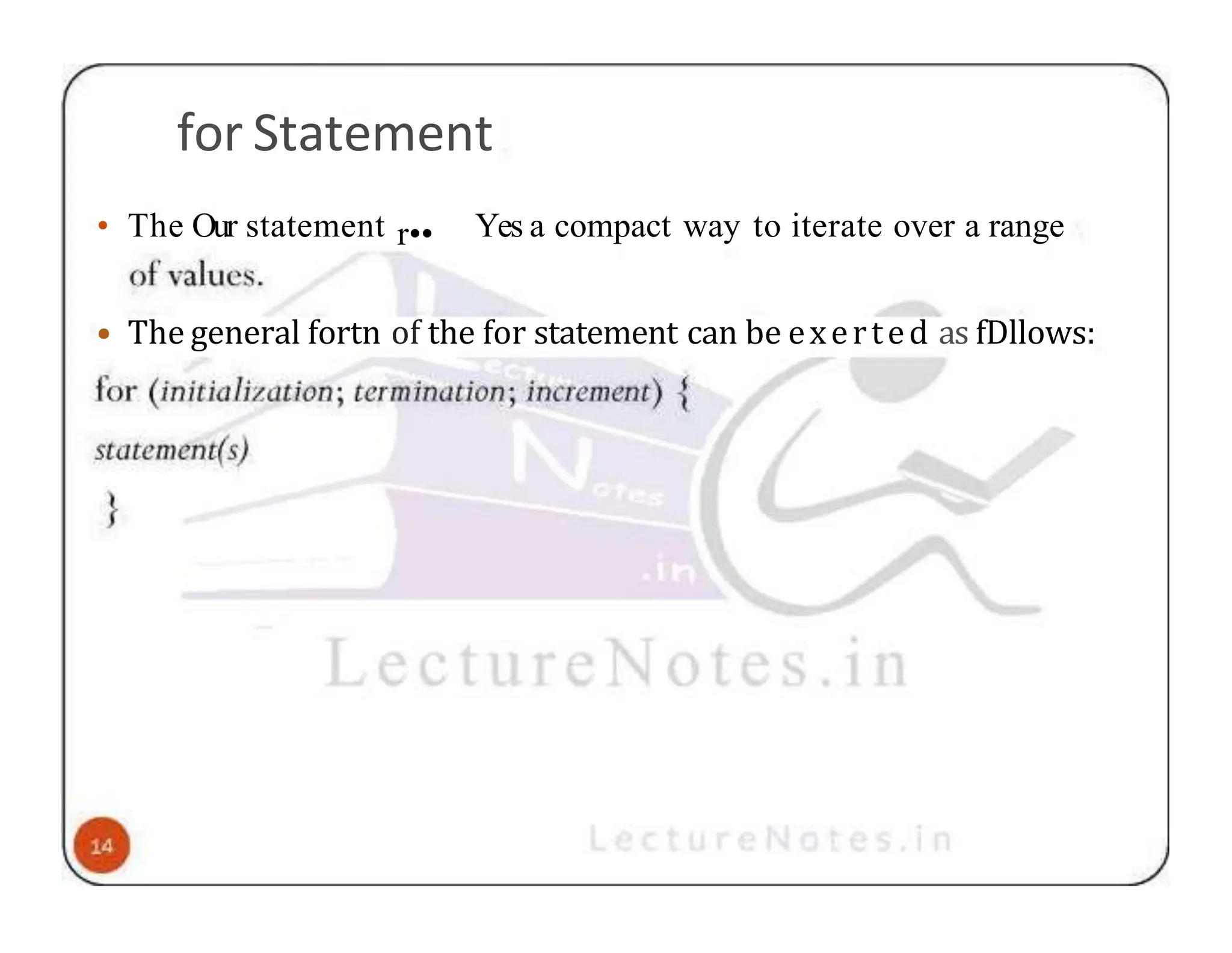 for Statement • The Our statement r•• Yes a compact way to iterate over a range • The general fortn of the for statement can be exerted as fDllows: 