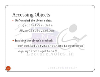 Accessing Objects
• Reft•rcncin$ the obje‹ t s data:
objectRefVar.data
J@„uyCircle.radius
objectRefVar.methodName(arguments)
e.g„ uyCircle.getArea()
 