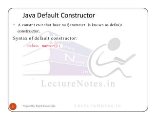 Java Default Constructor
• A constr t ct‹›r that have n‹› Șaramcter is kn‹›wn as dcfau)t
Syntax of default constructor:
dclass namc>() (
 