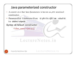 Java parameterized constructor
• A constrt ct‹›r that have Șarameters is kn‹›wn as rara nctcrizccl
tii pFo lix dj$l lent valuc8 tti
• ParamctcriZcd UiinStructor iS urc
t e ctistinc1 ohjecta.
Syntax o£ îlefault constructor:
 