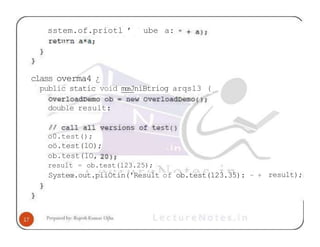 sstem.of.priotl ’ ube a:
class overma4 ¿
public static void mœJníBtriog arqsl3 (
double result:
o0.test();
oö.test(lO);
ob.test(lO,
result = ob.test(l23.25);
Systeœ.out.piiOtin('Result of ob.test(123.35): - + result);
 