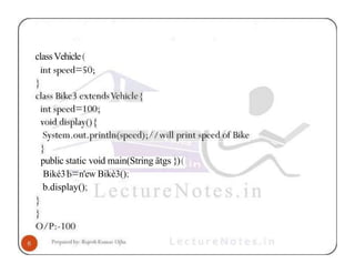 classVehicle(
public static void main(String ätgs })(
Biké3 n'ew Bikè3();
b.display();
 