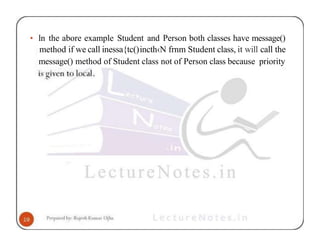 • ln the abore example Student and Person both classes have message()
method if we call inessa{tc()incth‹N frnm Student class, it will call the
message() method of Student class not of Person class because priority
 