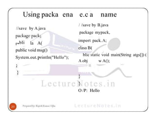 Using packa ena
//save by A.java
r•bli la A(
public void msg()
System.out.Println("Hello");
e.c a name
/ /save by B.java
package mypack,
import pack.A;
elasa B(
blic static void main(String atgs[]) (
A obj w A();
O /P: Hello
 