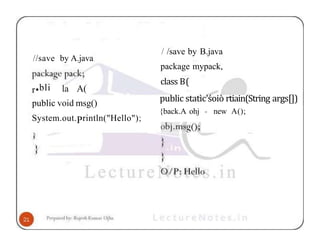 //save by A.java
r•bli la A(
public void msg()
System.out.Println("Hello");
/ /save by B.java
package mypack,
class B(
public statìc'śoiò rtiain(String args[])
{back.A ohj - new A();
 