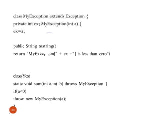 public String tostring()
return "My€xccr ion[" + ex +"] is less than zero"i
classYcst
static void sum(int a,int b) throws MyException {
if(a<0)
throw new MyExccption(a);
 
