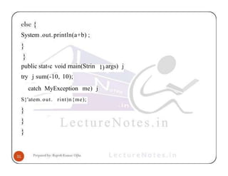 System .out.println(a+b) ;
public stat‹c void rnain(Strin 1) args) j
try j sum(-10, 10);
catch MyException me) j
S}'atem. out. rint)n{me);
 
