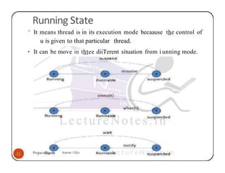 Running State
° It means thread is in its execution mode becaause the control of
u is given to that particular thread.
• It can be move in thtee diiTerent situation from i unning mode.
kurrur Ojha
 