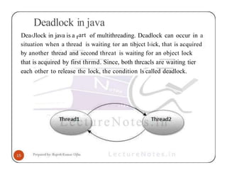 Deadlock in java
Dea‹Jlock in java is a rart of multithreading. Dcadlock can occur in a
situation when a thread is waiting tor an tibjcct l‹ick, that is acquired
by another thread and second threat is waiting for an object lock
that is acquired by first thrmd. Since, both thrcacls are waiting tier
each other to release the lock, the condition 1s called deadlock.
 