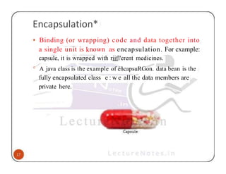 Encapsulation*
• Binding (or wrapping) code and data together into
a single unit is known as encapsulation. For cxample:
capsule, it is wrapped with riifl'erent medicines.
° A java class is the example of éñcapsuRGon. data bean is the
fully encapsulated class e : w e all thc data members are
private here.
 