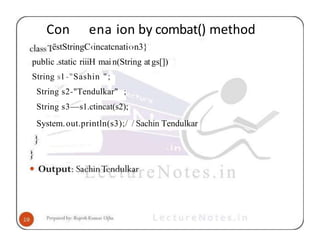 Con ena ion by combat() method
ëstStringC‹incatcnati‹›n3}
public .static riiiH main(String atgs[])
String s1-"Sashin ";
String s2-"Tendulkar" ;
String s3—s1.ctincat(s2);
System.out.println(s3);/ / Sachin Tendulkar
 