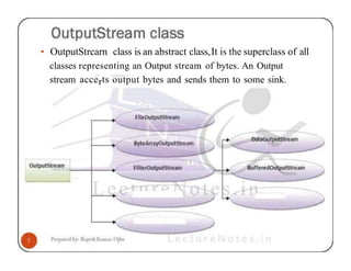 • OutputStrcarn class is an abstract class,It is the superclass of all
classes representing an Output stream of bytes. An Output
stream accerts output bytes and sends them to some sink.
 