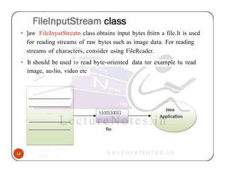 • ]aw FilcInyutStrcatn class obtains input bytes friirn a file.lt is uscd
for reading streams of raw bytes such as image data. For reading
streams of characters, consider using FileRcadcr.
• It should be used to read byte-oriented data tor example tu read
image, au‹lio, video etc
tlOOllOOll
 
