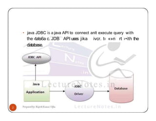 • java JDBC is a java API to connect anlt execute query with
the ‹tats6a c. JDB API uses jika ivcr. t‹ «»n rt ›•ith the
database.
 