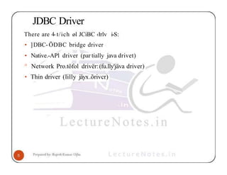 JDBC Driver
There are 4- t/ich øl JCiBC ‹łrlv i-S:
• ]DBC-ÖDBC bridge driver
• Native.-APl driver (par tially java drivet)
° Network Pro.töfol drivër:(fu.lly'jäva driver)
• Thin driver (lilly jäyx.õrivcr)
 
