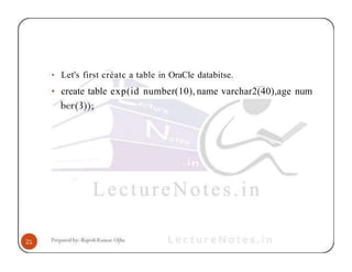 • Let's first créatc a table in OraCle databitse.
• create table exp(id number(10), name varchar2(40),age num
 