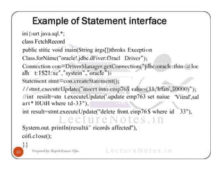 ini{›urt java.sql.*;
class FctchRecord
public stitic void inain(String àrgs[])throks Excepti‹›n
Class.forNàmc(”oracle!.jdbc.dFiver:f3racl
alh t: IS21:xc , systein .,. oracle )i
'Viiral',sal
//int resiilt=stn t.executeUpdate('.update emp763 set naiue
art* l0UtH where td-33"),
int result=stmt.executcUpdate("delete front. einp76$ where id 33"),
System.out. println(resultà" ricords affected"),
cófi.c1ose();
 