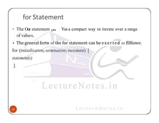 for Statement
• The Our statement r•• Yes a compact way to iterate over a range
• The general fortn of the for statement can be exerted as fDllows:
 