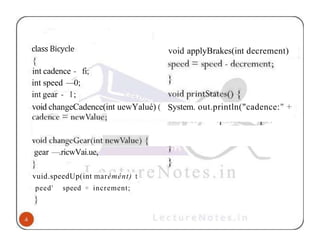 class Bicycle void applyBrakes(int decrement)
int cadence - fi;
int speed —0;
int gear - 1;
void changeCadence(int uewYalué) ( System. out.println("cadence:" +
gear —.ricwVai.ue,
vuid.speedUp(int marémént) t
peed' speed + increment;
 
