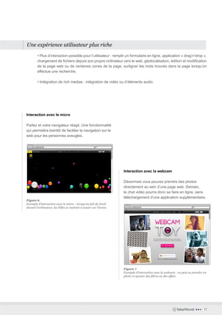Une expérience utilisateur plus riche

        • Plus d’interaction possible pour l’utilisateur : remplir un formulaire en ligne, application « drag’n’drop »,
        chargement de fichiers depuis son propre ordinateur vers le web, géolocalisation, édition et modification
        de la page web ou de certaines zones de la page, surligner les mots trouvés dans la page lorsqu’on
        effectue une recherche.

        • Intégration de rich medias : intégration de vidéo ou d’éléments audio.




Interaction avec le micro

Parlez et votre navigateur réagit. Une fonctionnalité
qui permettra bientôt de faciliter la navigation sur le
web pour les personnes aveugles.




                                                                   Interaction avec la webcam

                                                                   Désormais vous pouvez prendre des photos
                                                                   directement au sein d’une page web. Demain,
                                                                   le chat vidéo pourra donc se faire en ligne, sans
                                                                   téléchargement d’une application supplémentaire.
Figure 6
Exemple d’interaction avec le micro : lorsqu’on fait du bruit
devant l’ordinateur, les billes se mettent à sauter sur l’écran.




                                                                   Figure 7
                                                                   Exemple d’interaction avec la webcam : on peut se prendre en
                                                                   photo et ajouter des filtres ou des effets.




                                                                                                         faberNovel    •••   11
 