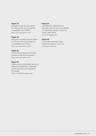 Figure 15                                Figure 24
Navigateurs web les plus utilisés        Les différentes plateformes sur
en France et leur pourcentage de         lesquelles Sencha Touch peut diffuser
compatibilité avec HTML5.                une application hybride, à partir du
http://gs.statcounter.com/               même code HTML5
                                         www.phonegap.com
Figure 16
Navigateurs mobiles les plus utilisés    Figure 29
en France et leur pourcentage de         La nouvelle application native
compatibilité avec HTML5.                Facebook lancée en Aout 2012.
http://gs.statcounter.com/               www.igeneration.fr

Figure 22
Schéma de l’entreprise PhoneGap
montrant le rôle des frameworks.
http://gs.statcounter.com/

Figure 23
Tableau des fonctionnalités natives de
différentes plateformes, supportées
par les frameworks de l’entreprise
PhoneGap
https://build.phonegap.com/




                                                                                 faberNovel   •••   48
 