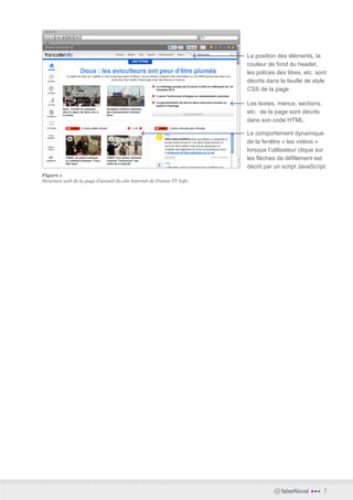 La position des éléments, la
                                                                         couleur de fond du header,
                                                                         les polices des titres, etc. sont
                                                                         décrits dans la feuille de style
                                                                         CSS de la page

                                                                         Les textes, menus, sections,
                                                                         etc. de la page sont décrits
                                                                         dans son code HTML.

                                                                         Le comportement dynamique
                                                                         de la fenêtre « les vidéos »
                                                                         lorsque l’utilisateur clique sur
                                                                         les flèches de défilement est
                                                                         décrit par un script JavaScript.
Figure 1
Structure web de la page d’accueil du site Internet de France TV Info.




                                                                                       faberNovel   •••   7
 