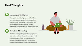 Final Thoughts
Importance of Both Forms
The importance of both graphic and flash fiction
lies in their distinct approaches to storytelling,
offering unique experiences that resonate with
varying audiences. Each form has its own
strengths that contribute to the literary landscape.
The Future of Storytelling
The future of storytelling is bright as graphic and
flash fiction evolve and adapt to emerging trends
and technologies. These forms are poised to
continue captivating audiences, encouraging
innovation and creativity in narrative expression.
 