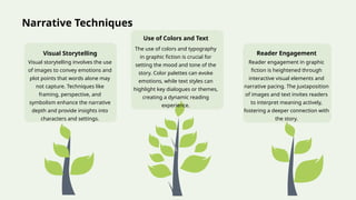 Narrative Techniques
Visual storytelling involves the use
of images to convey emotions and
plot points that words alone may
not capture. Techniques like
framing, perspective, and
symbolism enhance the narrative
depth and provide insights into
characters and settings.
Visual Storytelling
The use of colors and typography
in graphic fiction is crucial for
setting the mood and tone of the
story. Color palettes can evoke
emotions, while text styles can
highlight key dialogues or themes,
creating a dynamic reading
experience.
Use of Colors and Text
Reader engagement in graphic
fiction is heightened through
interactive visual elements and
narrative pacing. The juxtaposition
of images and text invites readers
to interpret meaning actively,
fostering a deeper connection with
the story.
Reader Engagement
 