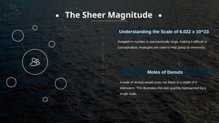 The Sheer Magnitude
Avogadro's number is astronomically large, making it difficult to
conceptualize; Analogies are used to help grasp its immensity.
Understanding the Scale of 6.022 x 10^23
A mole of donuts would cover the Earth to a depth of 8
kilometers; This illustrates the vast quantity represented by a
single mole.
Moles of Donuts
 