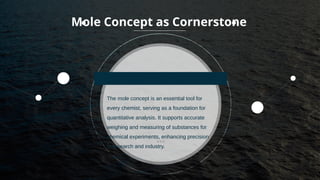 The mole concept is an essential tool for
every chemist, serving as a foundation for
quantitative analysis. It supports accurate
weighing and measuring of substances for
chemical experiments, enhancing precision
in research and industry.
Mole Concept as Cornerstone
 