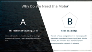 A
The Problem of Counting Atoms
Atoms and molecules are incredibly tiny; Direct counting is
impossible, necessitating a practical method for quantifying
them.
B
The mole serves as a bridge between the microscopic world
of atoms and molecules and the macroscopic world of grams
and liters; This connection allows chemists to perform
accurate quantitative analyses in the laboratory.
Moles as a Bridge
Why Do We Need the Mole?
 