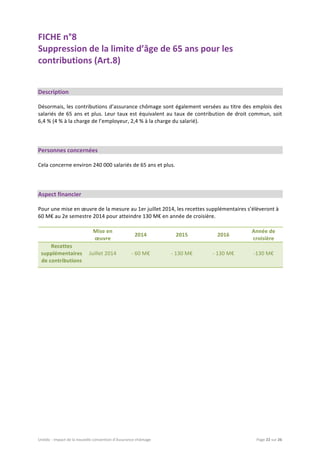  
Unédic	
  -­‐	
  Impact	
  de	
  la	
  nouvelle	
  convention	
  d’Assurance	
  chômage	
   Page	
  22	
  sur	
  26	
  
FICHE	
  n°8	
  	
  
Suppression	
  de	
  la	
  limite	
  d’âge	
  de	
  65	
  ans	
  pour	
  les	
  
contributions	
  (Art.8)	
  
	
  
	
  
	
  
Description	
  
	
  
Désormais,	
  les	
  contributions	
  d’assurance	
  chômage	
  sont	
  également	
  versées	
  au	
  titre	
  des	
  emplois	
  des	
  
salariés	
  de	
  65	
  ans	
  et	
  plus.	
  Leur	
  taux	
  est	
  équivalent	
  au	
  taux	
  de	
  contribution	
  de	
  droit	
  commun,	
  soit	
  
6,4	
  %	
  (4	
  %	
  à	
  la	
  charge	
  de	
  l’employeur,	
  2,4	
  %	
  à	
  la	
  charge	
  du	
  salarié).	
  
	
  
	
  
	
  
Personnes	
  concernées	
  
	
  
Cela	
  concerne	
  environ	
  240	
  000	
  salariés	
  de	
  65	
  ans	
  et	
  plus.	
  
	
  
	
  
	
  
Aspect	
  financier	
  
	
  
Pour	
  une	
  mise	
  en	
  œuvre	
  de	
  la	
  mesure	
  au	
  1er	
  juillet	
  2014,	
  les	
  recettes	
  supplémentaires	
  s’élèveront	
  à	
  
60	
  M€	
  au	
  2e	
  semestre	
  2014	
  pour	
  atteindre	
  130	
  M€	
  en	
  année	
  de	
  croisière.	
  
	
  
	
  
Mise	
  en	
  
œuvre	
  
2014	
   2015	
   2016	
  
Année	
  de	
  
croisière	
  
Recettes	
  
supplémentaires	
  
de	
  contributions	
  
Juillet	
  2014	
   -­‐	
  60	
  M€	
   -­‐	
  130	
  M€	
   -­‐	
  130	
  M€	
   -­‐130	
  M€	
  
	
  
	
  
	
   	
  
 