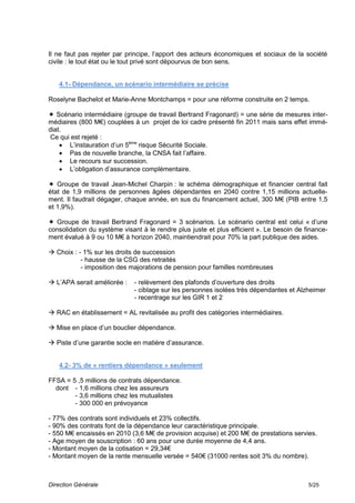 Il ne faut pas rejeter par principe, l’apport des acteurs économiques et sociaux de la société
civile : le tout état ou le tout privé sont dépourvus de bon sens.


   4.1- Dépendance, un scénario intermédiaire se précise

Roselyne Bachelot et Marie-Anne Montchamps = pour une réforme construite en 2 temps.

 Scénario intermédiaire (groupe de travail Bertrand Fragonard) = une série de mesures inter-
médiaires (800 M€) couplées à un projet de loi cadre présenté fin 2011 mais sans effet immé-
diat.
 Ce qui est rejeté :
     L’instauration d’un 5ème risque Sécurité Sociale.
     Pas de nouvelle branche, la CNSA fait l’affaire.
     Le recours sur succession.
     L’obligation d’assurance complémentaire.

 Groupe de travail Jean-Michel Charpin : le schéma démographique et financier central fait
état de 1,9 millions de personnes âgées dépendantes en 2040 contre 1,15 millions actuelle-
ment. Il faudrait dégager, chaque année, en sus du financement actuel, 300 M€ (PIB entre 1,5
et 1,9%).

 Groupe de travail Bertrand Fragonard = 3 scénarios. Le scénario central est celui « d’une
consolidation du système visant à le rendre plus juste et plus efficient ». Le besoin de finance-
ment évalué à 9 ou 10 M€ à horizon 2040, maintiendrait pour 70% la part publique des aides.

 Choix : - 1% sur les droits de succession
           - hausse de la CSG des retraités
           - imposition des majorations de pension pour familles nombreuses

 L’APA serait améliorée :   - relèvement des plafonds d’ouverture des droits
                             - ciblage sur les personnes isolées très dépendantes et Alzheimer
                             - recentrage sur les GIR 1 et 2

 RAC en établissement = AL revitalisée au profit des catégories intermédiaires.

 Mise en place d’un bouclier dépendance.

 Piste d’une garantie socle en matière d’assurance.


   4.2- 3% de « rentiers dépendance » seulement

FFSA = 5 ,5 millions de contrats dépendance.
  dont - 1,6 millions chez les assureurs
        - 3,6 millions chez les mutualistes
        - 300 000 en prévoyance

- 77% des contrats sont individuels et 23% collectifs.
- 90% des contrats font de la dépendance leur caractéristique principale.
- 550 M€ encaissés en 2010 (3,6 M€ de provision acquise) et 200 M€ de prestations servies.
- Age moyen de souscription : 60 ans pour une durée moyenne de 4,4 ans.
- Montant moyen de la cotisation = 29,34€
- Montant moyen de la rente mensuelle versée = 540€ (31000 rentes soit 3% du nombre).



Direction Générale                                                                        5/25
 