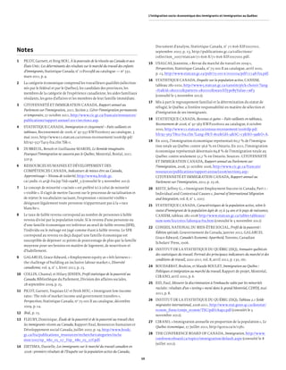 L’intégration socio-économique des immigrants et immigrantes au Québec




                                                                                                Document d’analyse, Statistique Canada, n° 71-606-XIF2007001,
Notes                                                                                           septembre 2007, p. 13, http://publications.gc.ca/collections/
                                                                                                collection_2007/statcan/71-606-X/71-606-XIF2007001.pdf.
1   PICOT, Garnett, et Feng HOU, À la poursuite de la réussite au Canada et aux
                                                                                            15 USALCAS, Jeannine, « Revue du marché du travail en 2009 »,
    États-Unis : Les déterminants des résultats sur le marché du travail des enfants
                                                                                               Perspectives, Statistique Canada, n° 75-001-X au catalogue, avril 2010,
    d’immigrants, Statistique Canada, n° 11F0019M au catalogue — no 331,
                                                                                               p. 13, http://www.statcan.gc.ca/pub/75-001-x/2010104/pdf/11148-fra.pdf.
    mars 2011, p. 9.
                                                                                            16 STATISTIQUE CANADA, Enquête sur la population active, CANSIM,
2   La catégorie économique comprend les travailleurs qualiﬁés (sélection-
                                                                                               tableau 282-0102, http://www5.statcan.gc.ca/cansim/pick-choisir ?lang
    nés par le fédéral et par le Québec), les candidats des provinces, les
                                                                                               =fra&id=2820102&pattern=2820102&searchTypeByValue=1#F3
    membres de la catégorie de l’expérience canadienne, les aides familiaux
                                                                                               (consulté le 5 novembre 2012).
    résidants, les gens d’affaires et les membres de leur famille immédiate.
                                                                                            17 Mis à part le regroupement familial et la détermination du statut de
3   CITOYENNETÉ ET IMMIGRATION CANADA, Rapport annuel au
                                                                                               réfugié, le Québec a l’entière responsabilité en matière de sélection et
    Parlement sur l’immigration, 2011. Section 2. Gérer l’immigration permanente
                                                                                               d’intégration de ses immigrants.
    et temporaire, 27 octobre 2011, http://www.cic.gc.ca/francais/ressources/
    publications/rapport-annuel-2011/section2.asp.                                          18 STATISTIQUE CANADA, Revenus et gains – Faits saillants en tableaux,
                                                                                               Recensement de 2006, n° 97-563-XWF2006002 au catalogue, 6 octobre
4   STATISTIQUE CANADA, Immigration et citoyenneté – Faits saillants en
                                                                                               2010, http://www12.statcan.ca/census-recensement/2006/dp-pd/
    tableaux, Recensement de 2006, n° 97-557-XWF2006007 au catalogue, 3
                                                                                               hlt/97-563/T802-fra.cfm ?Lang=F&T=802&GH=4&SC=13&SO=99&O=A.
    mai 2010, http://www12.statcan.ca/census-recensement/2006/dp-pd/
    hlt/97-557/T403-fra.cfm ?SR=1.                                                          19 En 2005, l’immigration économique représentait 60,7 % de l’immigra-
                                                                                               tion totale au Québec contre 56,6 % en Ontario. En 2011, l’immigration
5   DUBREUIL, Benoît et Guillaume MAROIS, Le Remède imaginaire.
                                                                                               économique représentait désormais 69,8 % de l’immigration totale au
    Pourquoi l’immigration ne sauvera pas le Québec, Montréal, Boréal, 2011.
                                                                                               Québec contre seulement 51,7 % en Ontario. Sources : CITOYENNETÉ
    320 p.
                                                                                               ET IMMIGRATION CANADA, Rapport annuel au Parlement sur
6   RESSOURCES HUMAINES ET DÉVELOPPEMENT DES                                                   l’immigration, 2006, 31 octobre 2006, http://www.cic.gc.ca/francais/
    COMPÉTENCES CANADA, Indicateurs de mieux-être au Canada,                                   ressources/publications/rapport-annuel2006/section3.asp ;
    Apprentissage – Niveau de scolarité, http://www4.hrsdc.gc.                                 CITOYENNETÉ ET IMMIGRATION CANADA, Rapport annuel au
    ca/.3ndic.1t.4r@-fra.jsp ?iid=29#M_5 (consulté le 5 novembre 2012).                        Parlement sur l’immigration, 2012, p. 25-26.
7   Le concept de minorité « racisée » est préféré ici à celui de minorité                  20 REITZ, Jeffrey G., « Immigrant Employment Success in Canada, Part 1 :
    « visible ». Il s’agit de mettre l’accent sur le processus de racialisation et             Individual and Contextual Causes », Journal of International Migration
    de rejeter le vocabulaire racisant, l’expression « minorité visible »                      and Integration, vol. 8, n° 1, 2007.
    désignant légalement toute personne n’appartenant pas à la « race
                                                                                            21 STATISTIQUE CANADA, Caractéristiques de la population active, selon le
    blanche ».
                                                                                               statut d’immigrant de la population âgée de 25 à 54 ans et le pays de naissance,
8   Le taux de faible revenu correspond au nombre de personnes à faible                        CANSIM, tableau 282-0108 http://www.statcan.gc.ca/tables-tableaux/
    revenu divisé par la population totale. Si le revenu d’une personne ou                     sum-som/l02/cst01/labor92a-fra.htm (consulté le 5 novembre 2012)
    d’une famille économique est inférieur au seuil de faible revenu (SFR),
                                                                                            22 CONSEIL NATIONAL DU BIEN-ÊTRE SOCIAL, Proﬁl de la pauvreté :
    l’individu ou le ménage est jugé comme étant à faible revenu. Le SFR
                                                                                               Édition spéciale, Gouvernement du Canada, janvier 2012, GALABUZI,
    correspond au revenu en deçà duquel une famille économique est
                                                                                               Grace-Edward, Canada’s Economic Apartheid, Toronto, Canadian
    susceptible de dépenser 20 points de pourcentage de plus que la famille
                                                                                               Scholars’ Press, 2006.
    moyenne pour ses besoins en matière de logement, de nourriture et
    d’habillement.                                                                          23 INSTITUT DE LA STATISTIQUE DU QUÉBEC (ISQ), Annuaire québécois
                                                                                               des statistiques du travail. Portrait des principaux indicateurs du marché et des
9   GALABUZI, Grace-Edward, « Employment equity as « felt fairness » :
                                                                                               conditions de travail, 2001-2011, vol. 8, avril 2012, p. 130, 161.
    the challenge of building an inclusive labour market », Diversité
    canadienne, vol. 9, n° 1, hiver 2012, p. 23.                                            24 BOUDARBAT, Brahim, et Maude BOULET, Immigration au Québec :
                                                                                               Politiques et intégration au marché du travail, Rapport de projet, Montréal,
10 COLLIN, Chantal, et Hilary JENSEN, Proﬁl statistique de la pauvreté au
                                                                                               CIRANO, avril 2010, p. 6.
   Canada, Bibliothèque du Parlement, Division des affaires sociales,
   28 septembre 2009, p. 25.                                                                25 EID, Paul, Mesurer la discrimination à l’embauche subie par les minorités
                                                                                               racisées : résultats d’un « testing » mené dans le grand Montréal, CDPDJ, mai
11 PICOT, Garnett, Yuquian LU et Fenh HOU, « Immigrant low-income
                                                                                               2012, p. 8.
   rates : The role of market income and government transfers »,
   Perspectives, Statistique Canada, no 75-001-X au catalogue, décembre                     26 INSTITUT DE LA STATISTIQUE DU QUÉBEC (ISQ), Tableau 2.1 Solde
   2009, p. 14.                                                                                migratoire international, 2006-2011, http://www.stat.gouv.qc.ca/donstat/
                                                                                               econm_ﬁnnc/conjn_econm/TSC/pdf/chap2.pdf (consulét le 5
12 Ibid., p. 15.
                                                                                               novembre 2012).
13 FLEURY, Dominique, Étude de la pauvreté et de la pauvreté au travail chez
                                                                                            27 CIRANO, « Immigration annuelle en proportion de la population », Le
   les immigrants récents au Canada, Rapport ﬁnal, Ressources humaines et
                                                                                               Québec économique, 27 juillet 2012, http://qceco.ca/n/1581.
   Développement social Canada, juillet 2007, p. 19, http://www.hrsdc.
   gc.ca/fra/publications_ressources/recherche/categories/inclu-                            28 THE CONFERENCE BOARD OF CANADA, Immigration, http://www.
   sion/2007/sp_ 680_05_07_f/sp_ 680_05_07f.pdf.                                               conferenceboard.ca/topics/immigration/default.aspx (consulté le 8
                                                                                               juillet 2012).
14 ZIETSMA, Danielle, Les immigrants sur le marché du travail canadien en
   2006 : premiers résultats de l’Enquête sur la population active du Canada,
                                                                                       10
 