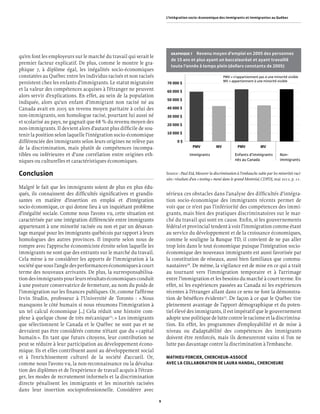 L’intégration socio-économique des immigrants et immigrantes au Québec




                                                                           GRAPHIQUE 7  Revenu moyen d’emploi en 2005 des personnes
qu’en font les employeurs sur le marché du travail qui serait le
                                                                           de 15 ans et plus ayant un baccalauréat et ayant travaillé
premier facteur explicatif. De plus, comme le montre le gra-
                                                                           toute l’année à temps plein (dollars constants de 2005)
phique 7, à diplôme égal, les inégalités socio-économiques
constatées au Québec entre les individus racisés et non racisés                                              PMV = n’appartiennent pas à une minorité visible
                                                                                                             MV = appartiennent à une minorité visible
persistent chez les enfants d’immigrants. Le statut migratoire          70 000 $
et la valeur des compétences acquises à l’étranger ne peuvent           60 000 $
alors servir d’explications. En effet, au sein de la population
                                                                        50 000 $
indiquée, alors qu’un enfant d’immigrant non racisé né au
Canada avait en 2005 un revenu moyen paritaire à celui des              40 000 $
non-immigrants, son homologue racisé, pourtant lui aussi né             30 000 $
et scolarisé au pays, ne gagnait que 68 % du revenu moyen des
                                                                        20 000 $
non-immigrants. Il devient alors d’autant plus difﬁcile de sou-
tenir la position selon laquelle l’intégration socio-économique         10 000 $

différenciée des immigrants selon leurs origines ne relève pas                 0$
de la discrimination, mais plutôt de compétences incompa-                                PMV            MV            PMV           MV
tibles ou inférieures et d’une corrélation entre origines eth-                         Immigrants                   Enfants d’immigrants         Non-
niques ou culturelles et caractéristiques économiques.                                                              nés au Canada                immigrants


Conclusion                                                              Source : Paul Eid, Mesurer la discrimination à l’embauche subie par les minorités raci-
                                                                        sées : résultats d’un « testing » mené dans le grand Montréal, CDPDJ, mai 2012, p. 11.
Malgré le fait que les immigrants soient de plus en plus édu-
qués, ils connaissent des difﬁcultés signiﬁcatives et grandis-          sérieux ces obstacles dans l’analyse des difﬁcultés d’intégra-
santes en matière d’insertion en emploi et d’intégration                tion socio-économique des immigrants récents permet de
socio-économique, ce qui donne lieu à un inquiétant problème            voir que ce n’est pas l’infériorité des compétences des immi-
d’inégalité sociale. Comme nous l’avons vu, cette situation est         grants, mais bien des pratiques discriminatoires sur le mar-
caractérisée par une intégration différenciée entre immigrants          ché du travail qui sont en cause. Enﬁn, si les gouvernements
appartenant à une minorité racisée ou non et par un désavan-            fédéral et provincial tendent à voir l’immigration comme étant
tage marqué pour les immigrants québécois par rapport à leurs           au service du développement et de la croissance économiques,
homologues des autres provinces. Il importe selon nous de               comme le souligne la Banque TD, il convient de ne pas aller
rompre avec l’approche économiciste étroite selon laquelle les          trop loin dans le tout économique puisque l’intégration socio-
immigrants ne sont que des entrants sur le marché du travail.           économique des nouveaux immigrants est aussi favorisée par
Cela mène à ne considérer les apports de l’immigration à la             la constitution de réseaux, aussi bien familiaux que commu-
société que sous l’angle des performances économiques à court           nautaires76. De même, la vigilance est de mise en ce qui a trait
terme des nouveaux arrivants. De plus, la surresponsabilisa-            au tournant vers l’immigration temporaire et à l’arrimage
tion des immigrants pour leurs résultats économiques conduit            entre l’immigration et les besoins du marché à court terme. En
à une posture conservatrice de fermeture, au nom du poids de            effet, ni les expériences passées au Canada ni les expériences
l’immigration sur les ﬁnances publiques. Or, comme l’afﬁrme             récentes à l’étranger allant dans ce sens ne font la démonstra-
Irvin Studin, professeur à l’Université de Toronto : « Nous             tion de bénéﬁces évidents77. De façon à ce que le Québec tire
manquons le côté humain si nous résumons l’immigration à                pleinement avantage de l’apport démographique et du poten-
un tel calcul économique […] Cela réduit une histoire com-              tiel élevé des immigrants, il est impératif que le gouvernement
plexe à quelque chose de très mécanique75. » Les immigrants             adopte une politique de lutte contre le racisme et la discrimina-
que sélectionnent le Canada et le Québec ne sont pas et ne              tion. En effet, les programmes d’employabilité et de mise à
devraient pas être considérés comme n’étant que du « capital            niveau ou d’adaptabilité des compétences des immigrants
humain ». En tant que futurs citoyens, leur contribution ne             doivent être renforcés, mais ils demeureront vains si l’on ne
peut se réduire à leur participation au développement écono-            lutte pas davantage contre la discrimination à l’embauche.
mique. Ils et elles contribuent aussi au développement social
et à l’enrichissement culturel de la société d’accueil. Or,             MATHIEU FORCIER, CHERCHEUR-ASSOCIÉ
comme nous l’avons vu, la non-reconnaissance ou la dévalua-             AVEC LA COLLABORATION DE LAURA HANDAL, CHERCHEURE
tion des diplômes et de l’expérience de travail acquis à l’étran-
ger, les modes de recrutement informels et la discrimination
directe pénalisent les immigrants et les minorités racisées
dans leur insertion socioprofessionnelle. Considérer avec

                                                                    9
 