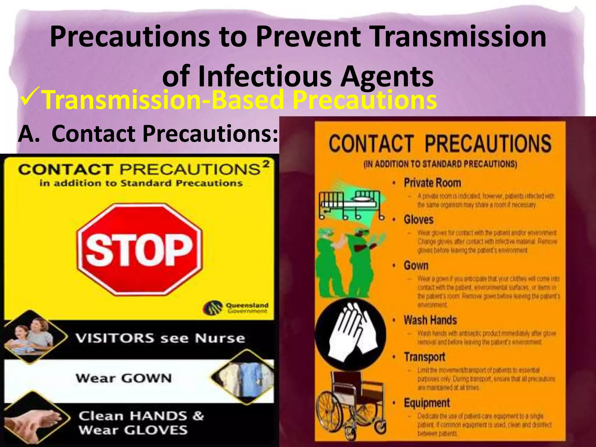Precautions to Prevent Transmission
of Infectious Agents
Transmission-Based Precautions
A. Contact Precautions:
 