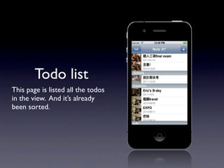 Todo list
This page is listed all the todos
in the view. And it’s already
been sorted.
 